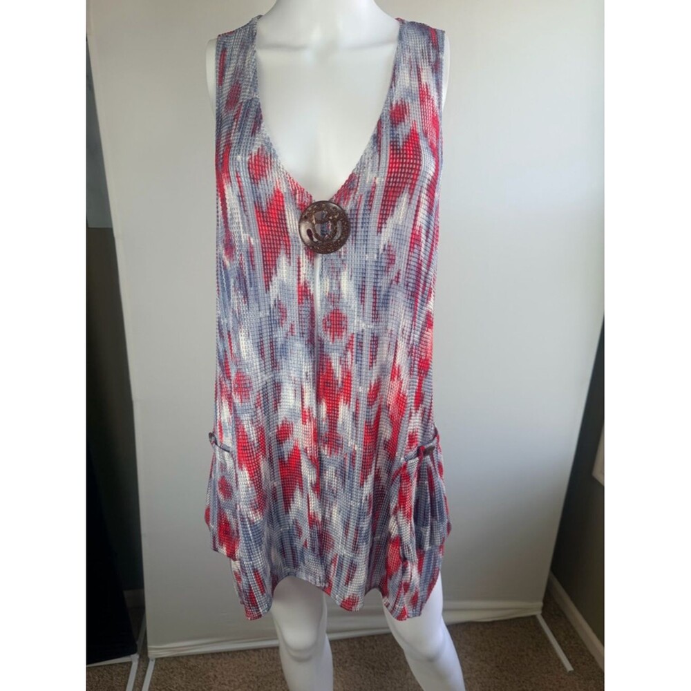 Multiples Ikat Tunic Top Sleeveless Cover Up Red Blue Medium